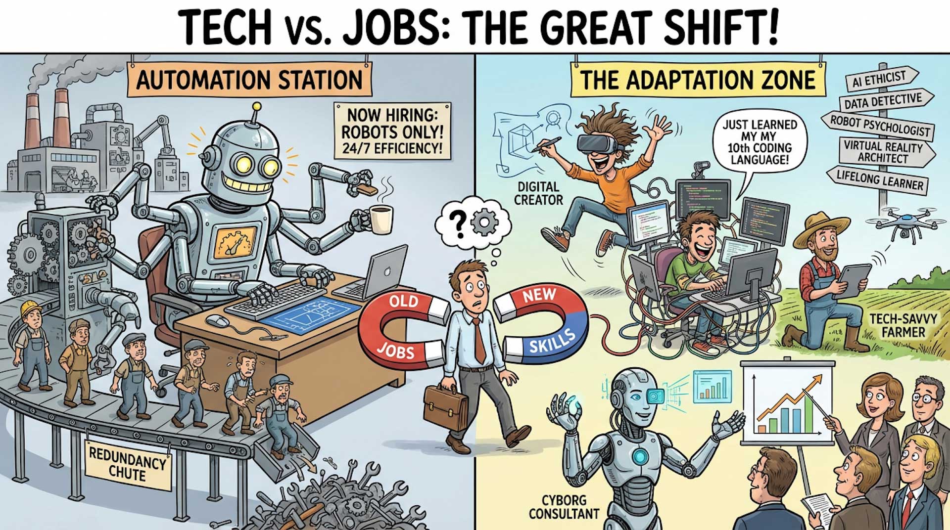 1_Firefly_Gemini-Flash_Research-on-the-impact-of-technology-on-jobs-and-careers—carricature-388176_1920x1080 Tech vs. Jobs: The great shift!